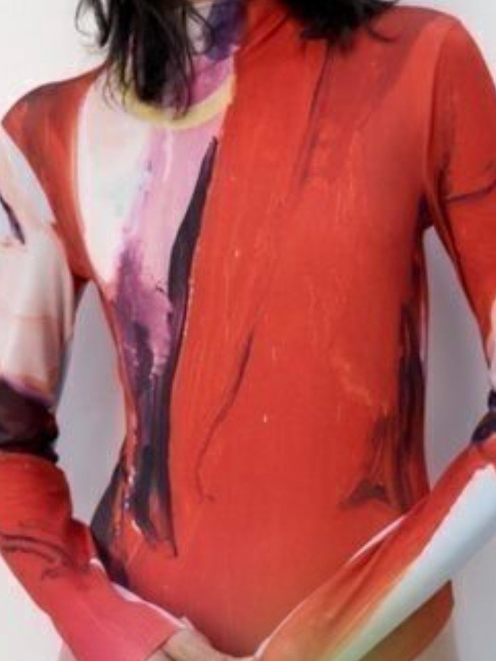 Zara Red Abstract-Print Long Sleeve Bodysuit Size S